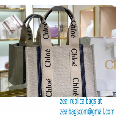 Chloe Medium Woody Tote Bag White/Full Blue in Cotton Canvas and Shiny Calfskin 2021 - Click Image to Close