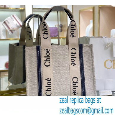 Chloe Medium Woody Tote Bag White/Full Blue in Cotton Canvas and Shiny Calfskin 2021