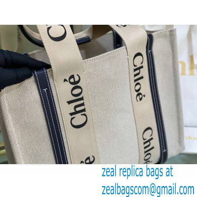 Chloe Medium Woody Tote Bag White/Full Blue in Cotton Canvas and Shiny Calfskin 2021