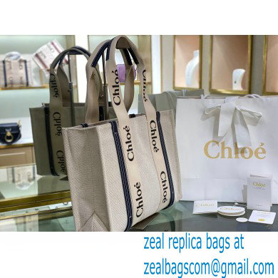 Chloe Medium Woody Tote Bag White/Full Blue in Cotton Canvas and Shiny Calfskin 2021
