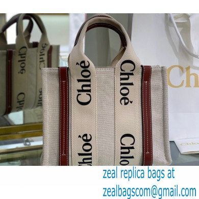 Chloe Small Woody Tote Bag White/Brown in Cotton Canvas and Shiny Calfskin 2021