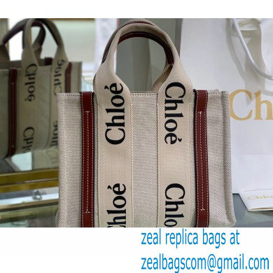 Chloe Small Woody Tote Bag White/Brown in Cotton Canvas and Shiny Calfskin 2021 - Click Image to Close