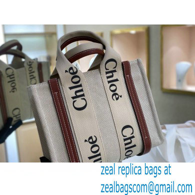 Chloe Small Woody Tote Bag White/Brown in Cotton Canvas and Shiny Calfskin 2021 - Click Image to Close