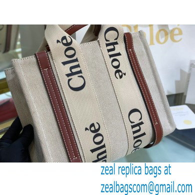 Chloe Small Woody Tote Bag White/Brown in Cotton Canvas and Shiny Calfskin 2021 - Click Image to Close