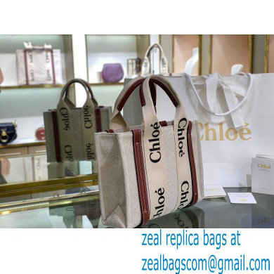 Chloe Small Woody Tote Bag White/Brown in Cotton Canvas and Shiny Calfskin 2021 - Click Image to Close