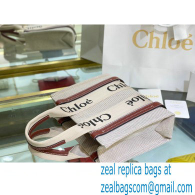 Chloe Small Woody Tote Bag White/Brown in Cotton Canvas and Shiny Calfskin 2021 - Click Image to Close