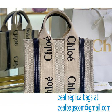 Chloe Small Woody Tote Bag White/Full Blue in Cotton Canvas and Shiny Calfskin 2021