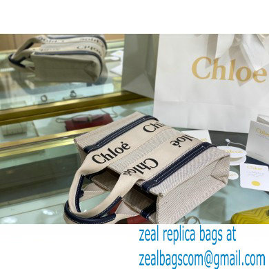 Chloe Small Woody Tote Bag White/Full Blue in Cotton Canvas and Shiny Calfskin 2021