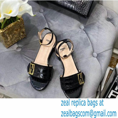 Fendi Crocodile-embossed Leather Promenade Sandals Black with FF Baguette Buckle 2021