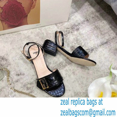 Fendi Crocodile-embossed Leather Promenade Sandals Black with FF Baguette Buckle 2021