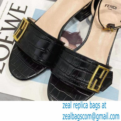 Fendi Crocodile-embossed Leather Promenade Sandals Black with FF Baguette Buckle 2021