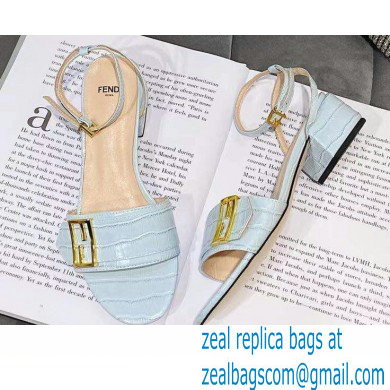 Fendi Crocodile-embossed Leather Promenade Sandals Light Blue with FF Baguette Buckle 2021