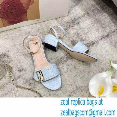 Fendi Crocodile-embossed Leather Promenade Sandals Light Blue with FF Baguette Buckle 2021