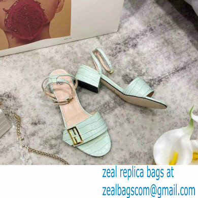 Fendi Crocodile-embossed Leather Promenade Sandals Light Green with FF Baguette Buckle 2021