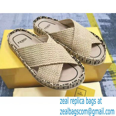 Fendi Reflections Woven Raffia Flats Slides Sandals Beige 2021 - Click Image to Close