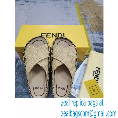 Fendi Reflections Woven Raffia Flats Slides Sandals Beige 2021