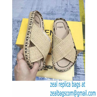 Fendi Reflections Woven Raffia Flats Slides Sandals Beige 2021 - Click Image to Close