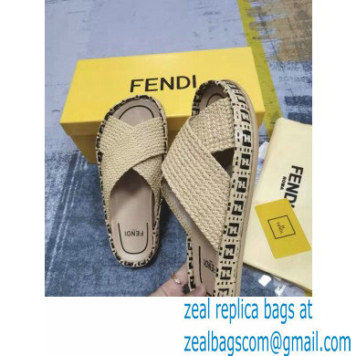 Fendi Reflections Woven Raffia Flats Slides Sandals Beige 2021