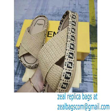 Fendi Reflections Woven Raffia Flats Slides Sandals Beige 2021