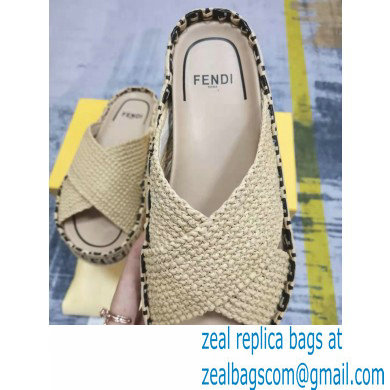 Fendi Reflections Woven Raffia Flats Slides Sandals Beige 2021