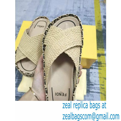 Fendi Reflections Woven Raffia Flats Slides Sandals Beige 2021