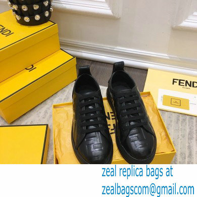 Fendi Rise Leather Flatform Sneakers Black with All-over Embossed FF 2021