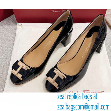 Ferragamo Heel 1cm/6cm Bow Ballet Flats/Pumps Patent Leather Black