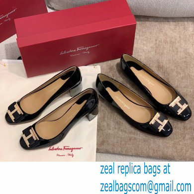 Ferragamo Heel 1cm/6cm Bow Ballet Flats/Pumps Patent Leather Black