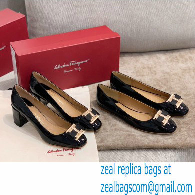 Ferragamo Heel 1cm/6cm Bow Ballet Flats/Pumps Patent Leather Black