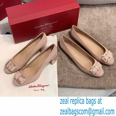 Ferragamo Heel 1cm/6cm Bow Ballet Flats/Pumps Patent Leather Nude - Click Image to Close