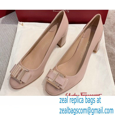 Ferragamo Heel 1cm/6cm Bow Ballet Flats/Pumps Patent Leather Nude