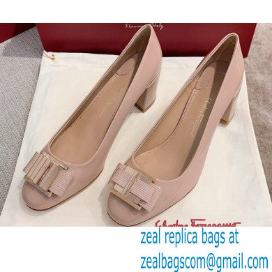 Ferragamo Heel 1cm/6cm Bow Ballet Flats/Pumps Patent Leather Nude - Click Image to Close