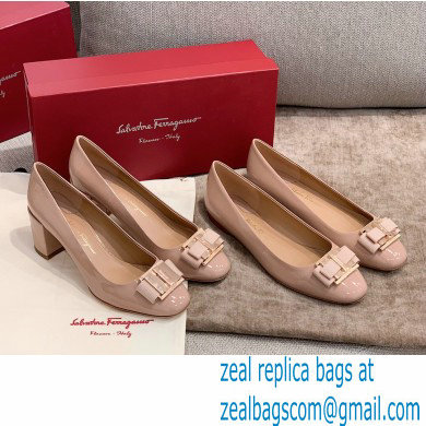 Ferragamo Heel 1cm/6cm Bow Ballet Flats/Pumps Patent Leather Nude