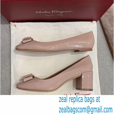 Ferragamo Heel 1cm/6cm Bow Ballet Flats/Pumps Patent Leather Nude