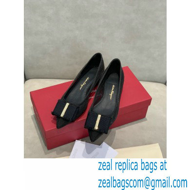 Ferragamo Heel 1cm Bow Ballet Flats Dotted Swiss Black