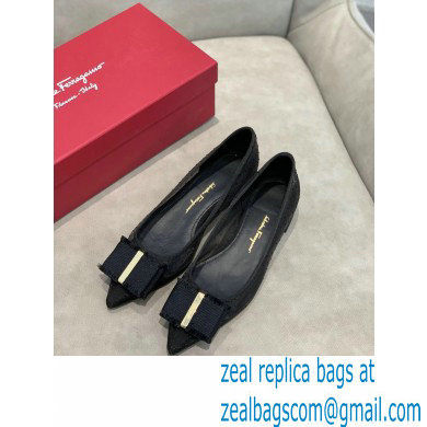 Ferragamo Heel 1cm Bow Ballet Flats Dotted Swiss Black - Click Image to Close