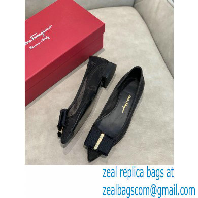 Ferragamo Heel 1cm Bow Ballet Flats Dotted Swiss Black