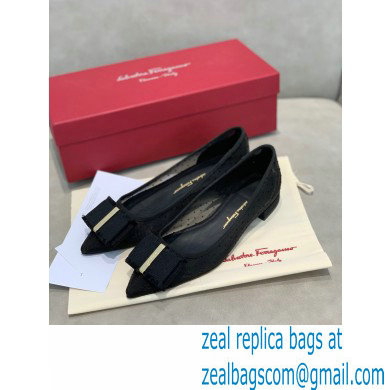 Ferragamo Heel 1cm Bow Ballet Flats Dotted Swiss Black