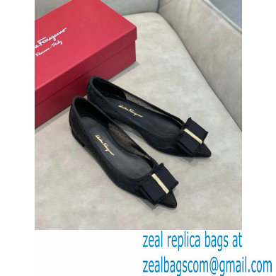 Ferragamo Heel 1cm Bow Ballet Flats Dotted Swiss Black - Click Image to Close