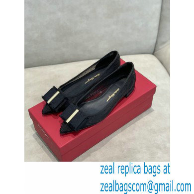 Ferragamo Heel 1cm Bow Ballet Flats Dotted Swiss Black