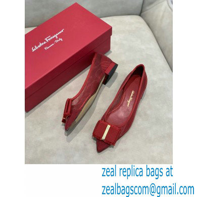 Ferragamo Heel 1cm Bow Ballet Flats Dotted Swiss Red