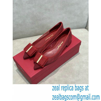 Ferragamo Heel 1cm Bow Ballet Flats Dotted Swiss Red