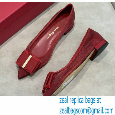 Ferragamo Heel 1cm Bow Ballet Flats Dotted Swiss Red