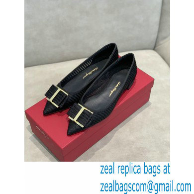 Ferragamo Heel 1cm Bow Ballet Flats Striped Black