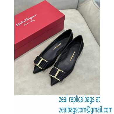 Ferragamo Heel 1cm Bow Ballet Flats Striped Black