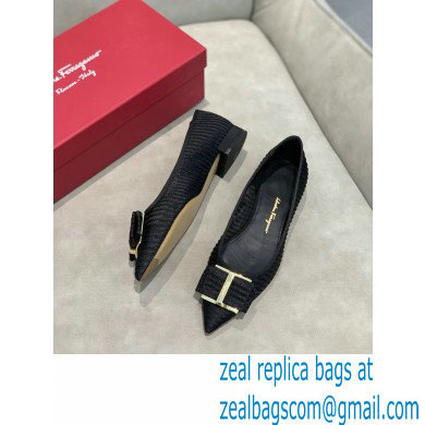 Ferragamo Heel 1cm Bow Ballet Flats Striped Black - Click Image to Close