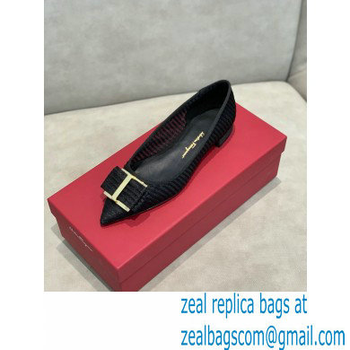 Ferragamo Heel 1cm Bow Ballet Flats Striped Black