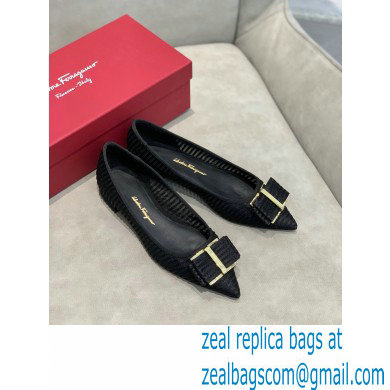 Ferragamo Heel 1cm Bow Ballet Flats Striped Black