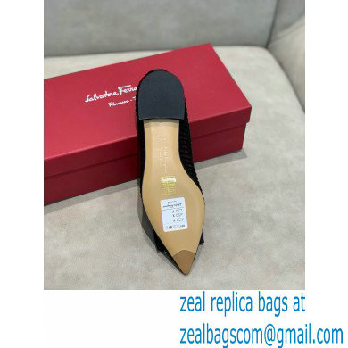 Ferragamo Heel 1cm Bow Ballet Flats Striped Black