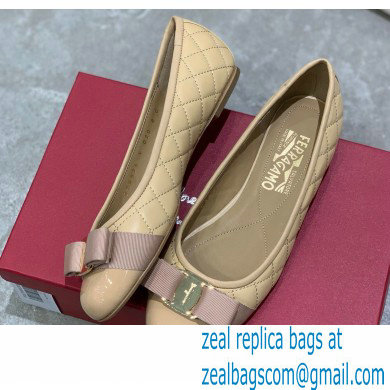 Ferragamo Heel 1cm Vara Bow Varina Ballet Flats Quilted Leather Beige - Click Image to Close